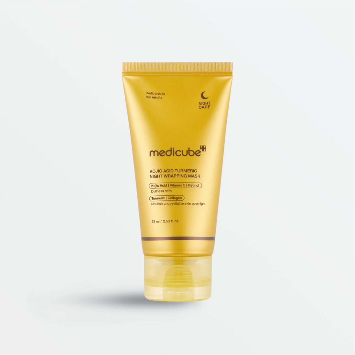 Medicube Kojic Acid Turmeric Night Wrapping Mask 75ml - gold tube standing on a white background