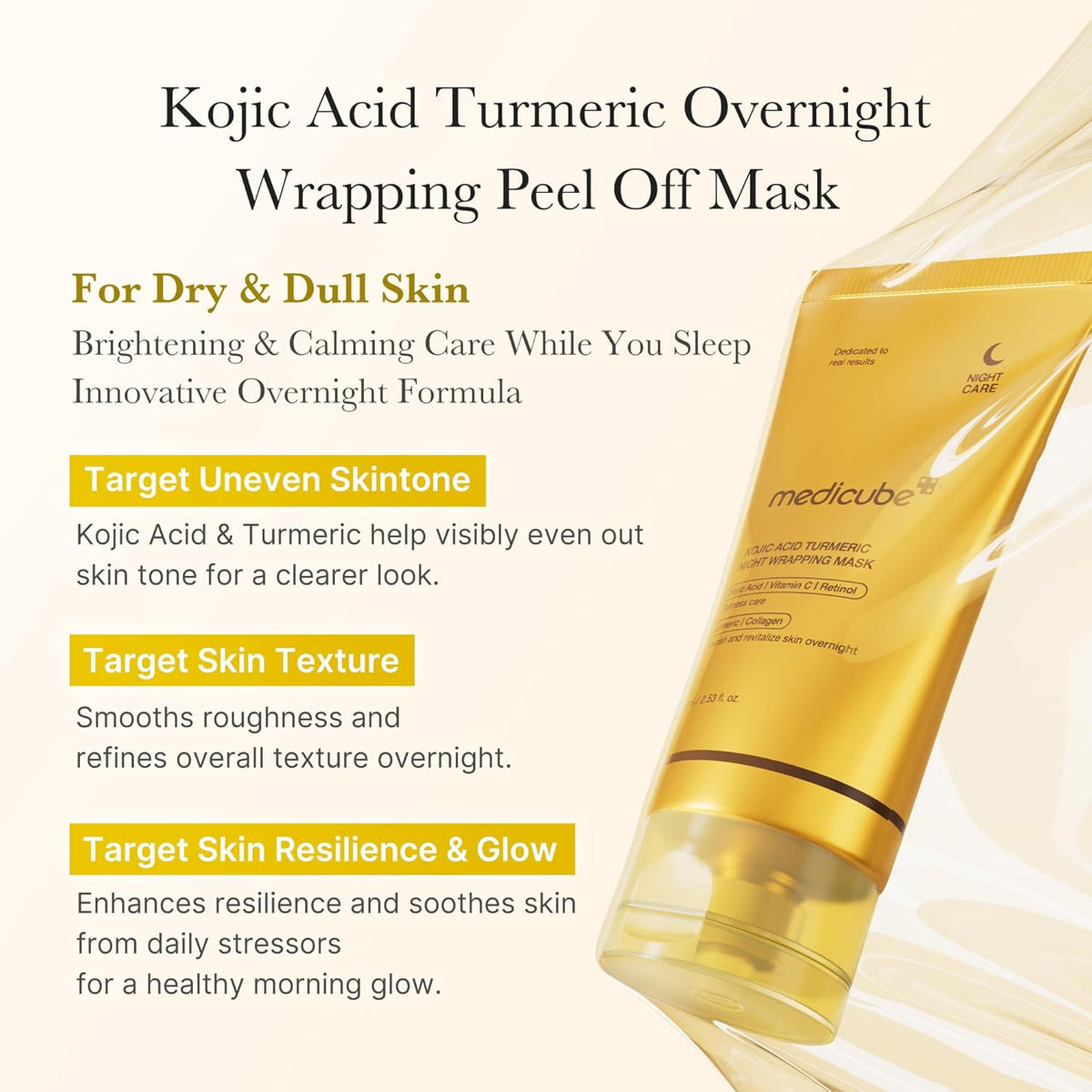 Kojic Acid Turmeric Overnight Wrapping Peel Off Mask tube for dry and dull skin, targeting uneven skin tone, texture, resilience and glow