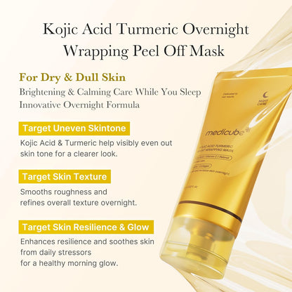 Kojic Acid Turmeric Overnight Wrapping Peel Off Mask tube for dry and dull skin, targeting uneven skin tone, texture, resilience and glow