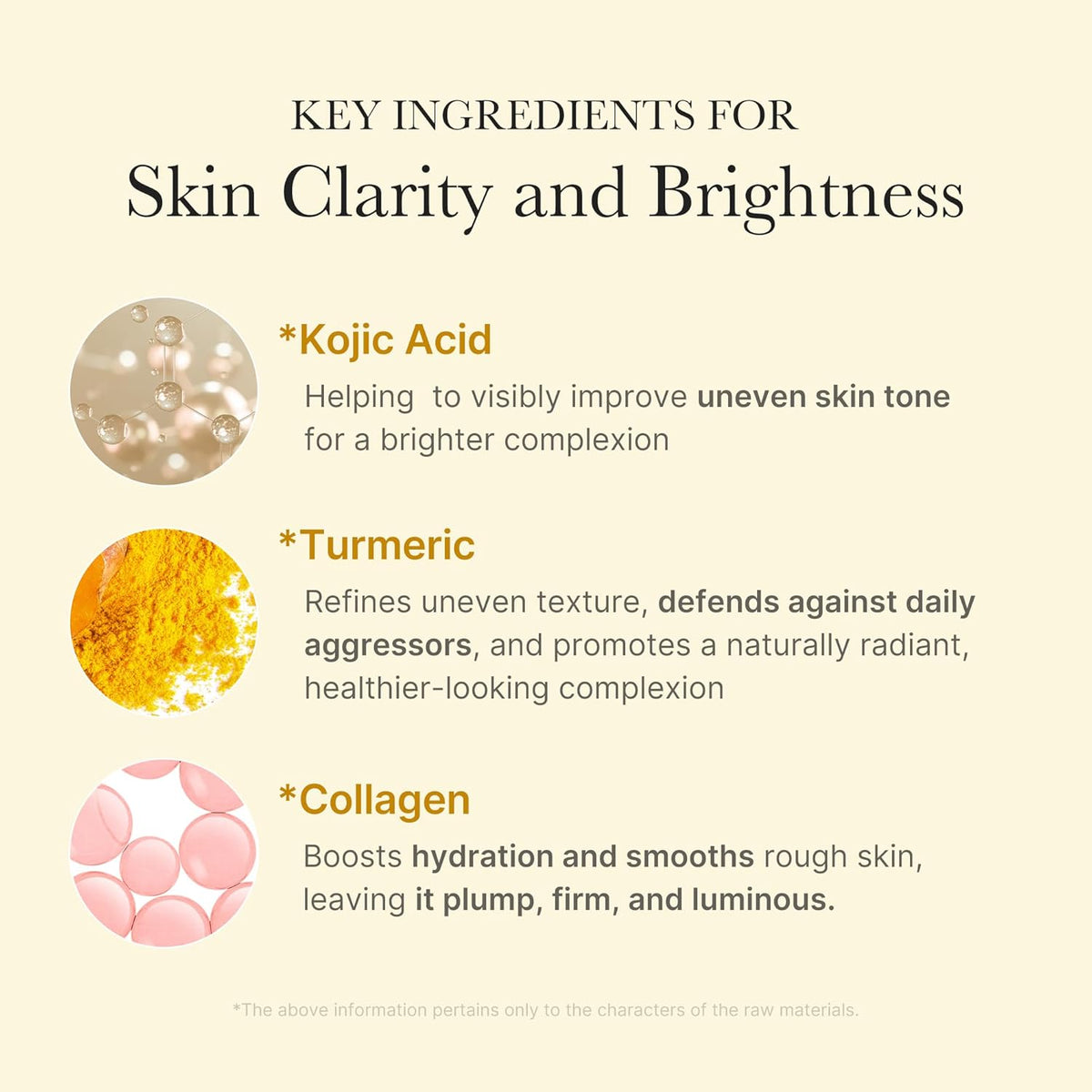 Key ingredients for skin clarity and brightness: kojic acid, turmeric and collagen