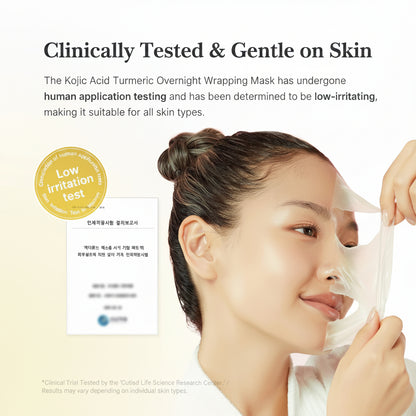A model peeling off the mask beside a low-irritation test certificate: clinically tested and gentle on all skin types