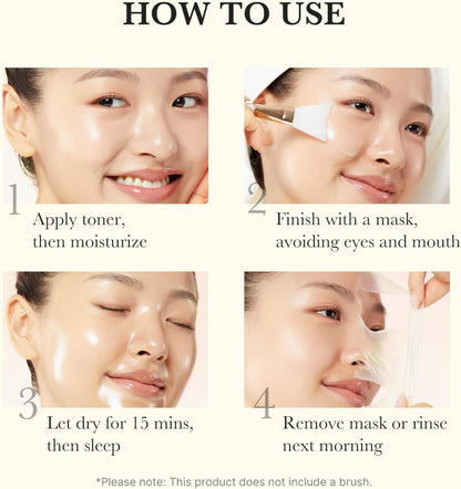 How to use in four photos: apply toner and moisturiser, brush on the mask avoiding eyes and mouth, let dry 15 minutes and sleep, remove or rinse next morning