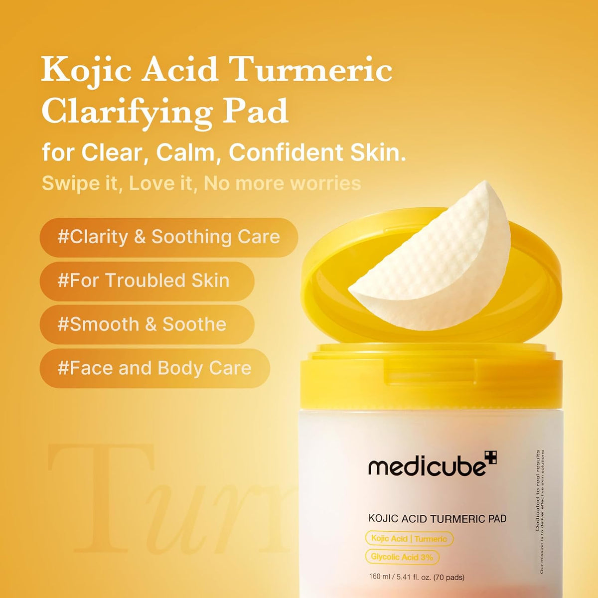 Kojic Acid Turmeric clarifying pad lifted from the open jar, tagged clarity and soothing care, for troubled skin, face and body