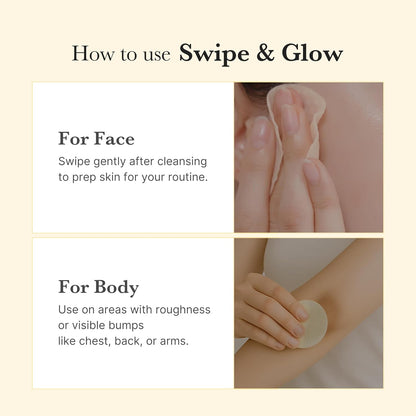 How to use, swipe and glow: swiped over the face after cleansing, or on rough areas of the chest, back and arms