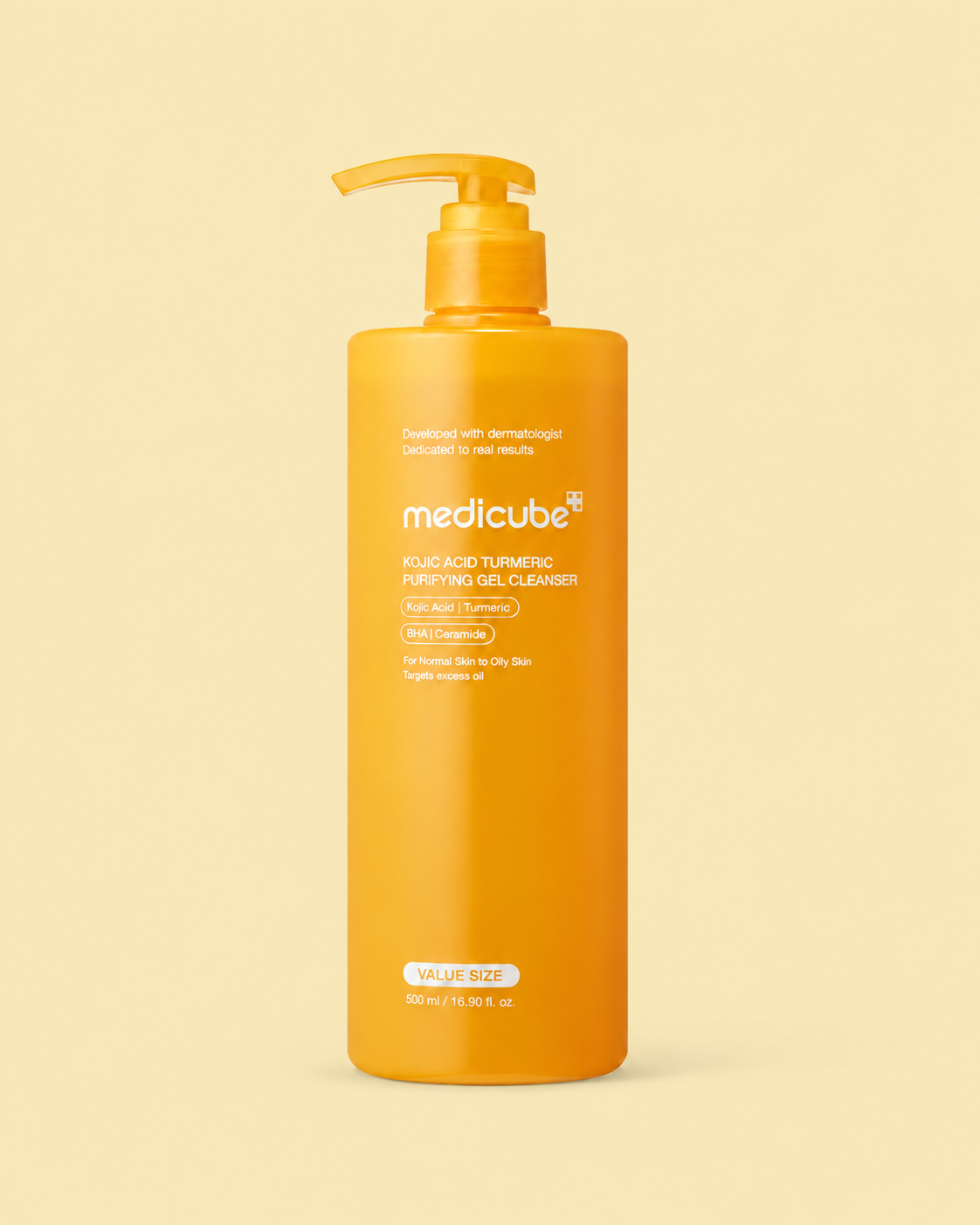 Medicube Kojic Acid Turmeric Purifying Gel Cleanser 500ml on a plain pale golden-yellow background