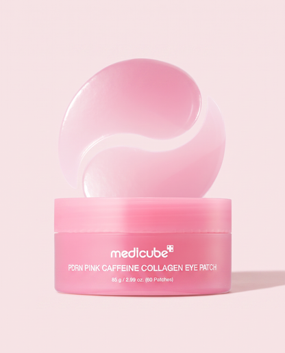 Medicube PDRN Pink Caffeine Collagen Eye Patch 60 Patches - pink eye patch jar with a gel patch behind it