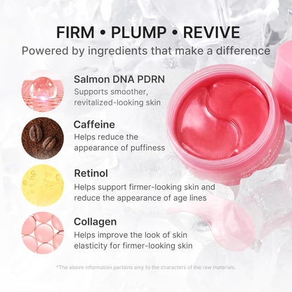 Four key ingredients on an ice background beside the open jar of patches: salmon DNA PDRN, caffeine, retinol and collagen