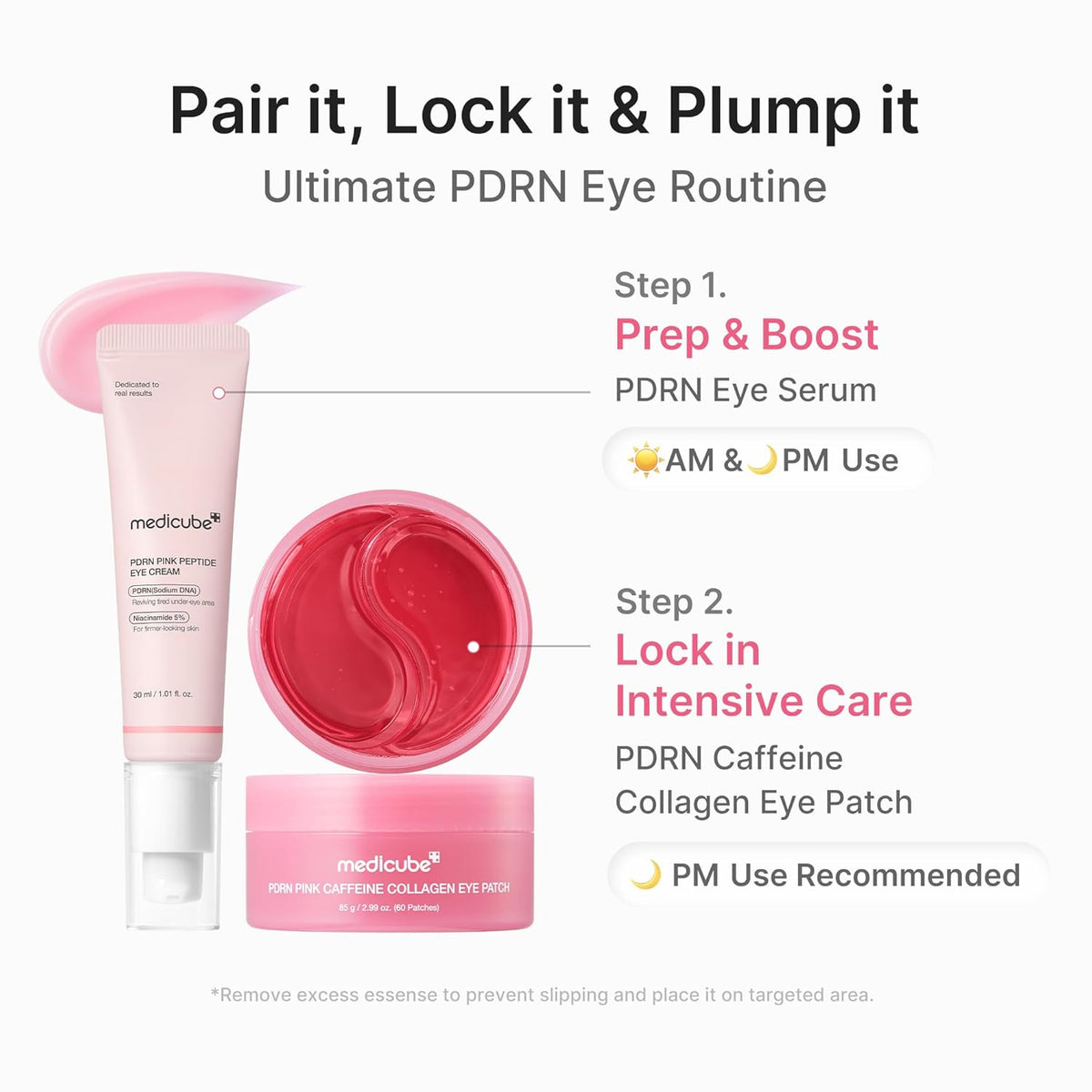 Two-step eye routine: PDRN eye serum to prep and boost, then the PDRN Caffeine Collagen Eye Patch to lock in intensive care overnight