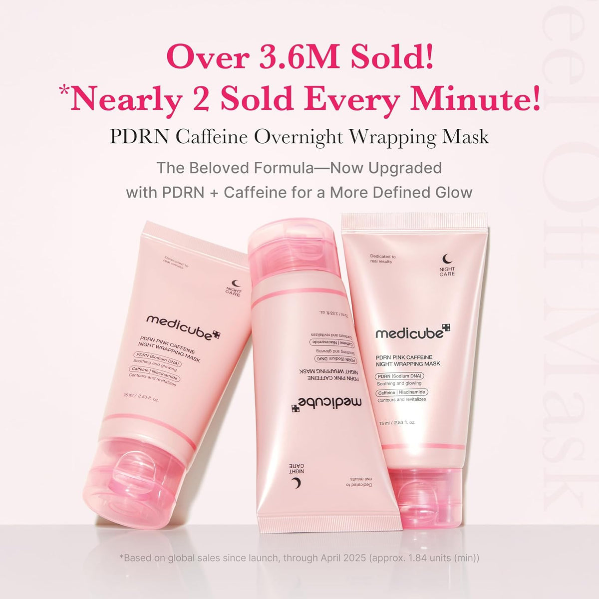 Three PDRN Pink Caffeine Night Wrapping Mask tubes, described as over 3.6 million sold and upgraded with PDRN and caffeine