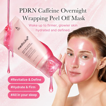 A model wearing the pink peel-off mask beside the tube with pink gel pouring out, tagged revitalise and define, hydrate and firm, all in your sleep