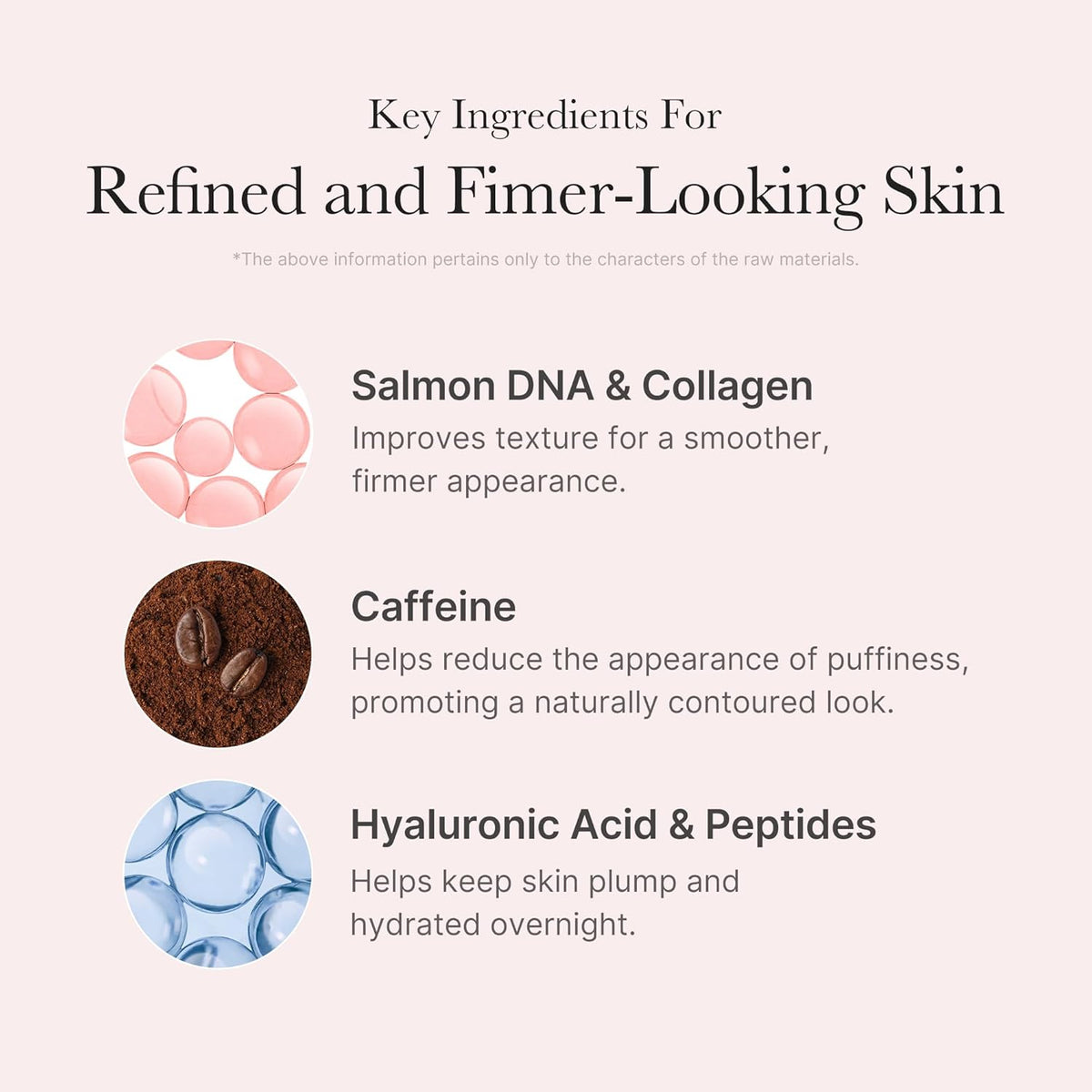 Key ingredients for refined, firmer-looking skin: salmon DNA and collagen, caffeine for puffiness, hyaluronic acid and peptides for overnight hydration