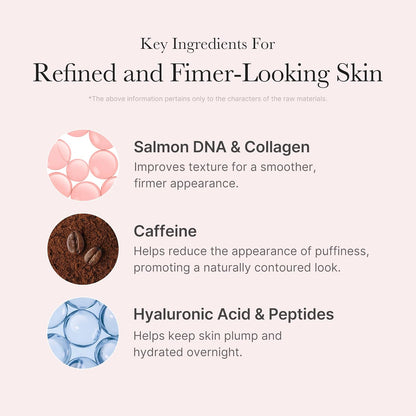 Key ingredients for refined, firmer-looking skin: salmon DNA and collagen, caffeine for puffiness, hyaluronic acid and peptides for overnight hydration
