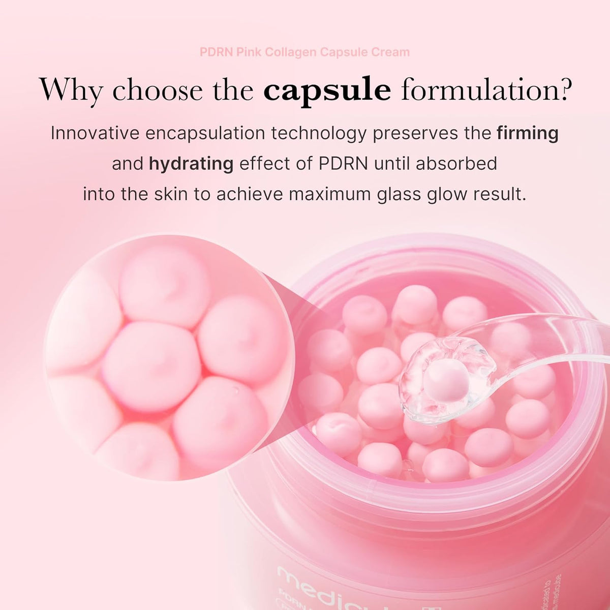 Close-up of the pink capsules bursting into gel, explaining that encapsulation preserves the firming and hydrating effect until absorbed