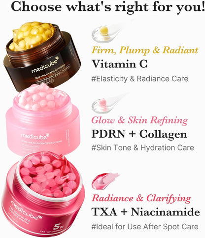 The three Medicube capsule creams compared: vitamin C for firmness and radiance, PDRN and collagen for skin tone and hydration, TXA and niacinamide for clarifying