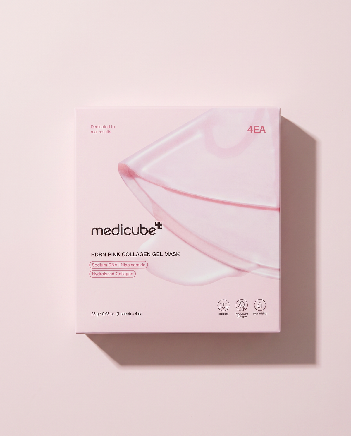 Medicube PDRN Pink Collagen Gel Mask 4 Pack - pink mask carton on a pale pink background