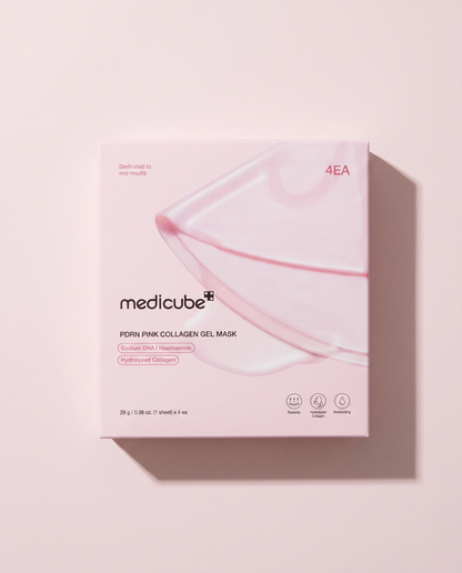 Medicube PDRN Pink Collagen Gel Mask 4 Pack - pink mask carton on a pale pink background