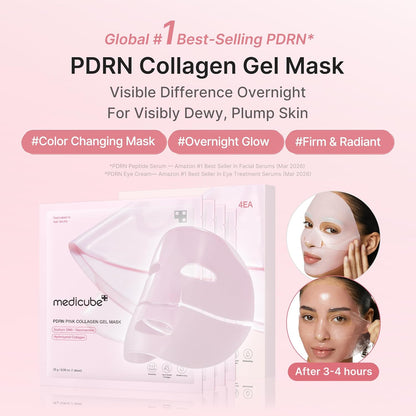 PDRN Collagen Gel Mask pack shown with models wearing the mask and again after three to four hours, described as a colour-changing overnight mask