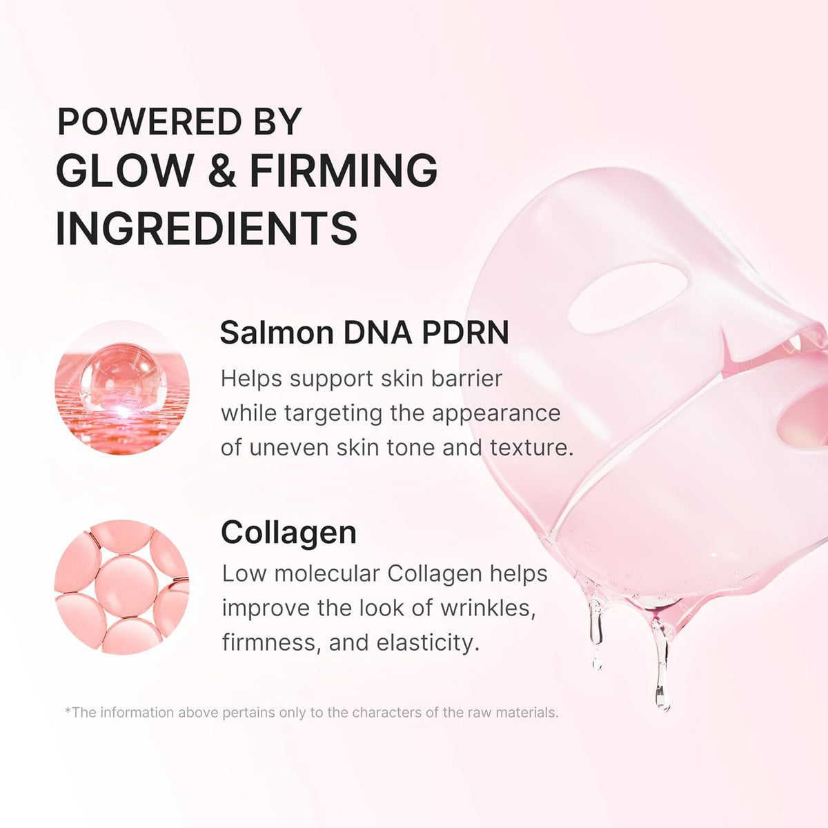 The two key ingredients beside the pink gel mask sheet: salmon DNA PDRN for the skin barrier and low-molecular collagen for firmness and elasticity