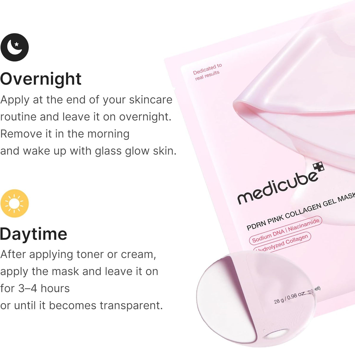 Usage guide: overnight, apply at the end of your routine and remove in the morning; daytime, leave on for three to four hours until it turns transparent