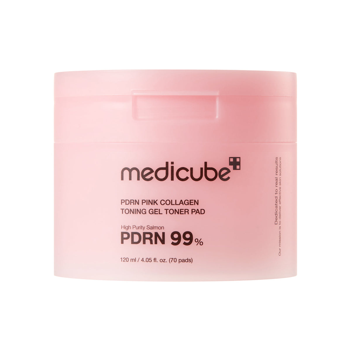 Medicube PDRN Pink Collagen Toner Pads 120ml - pink toner pad tub, front label, on a pink background