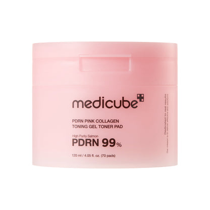 Medicube PDRN Pink Collagen Toner Pads 120ml - pink toner pad tub, front label, on a pink background