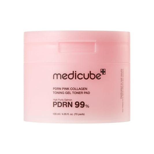 Medicube PDRN Pink Collagen Toner Pads 120ml - pink toner pad tub, front label, on a pink background
