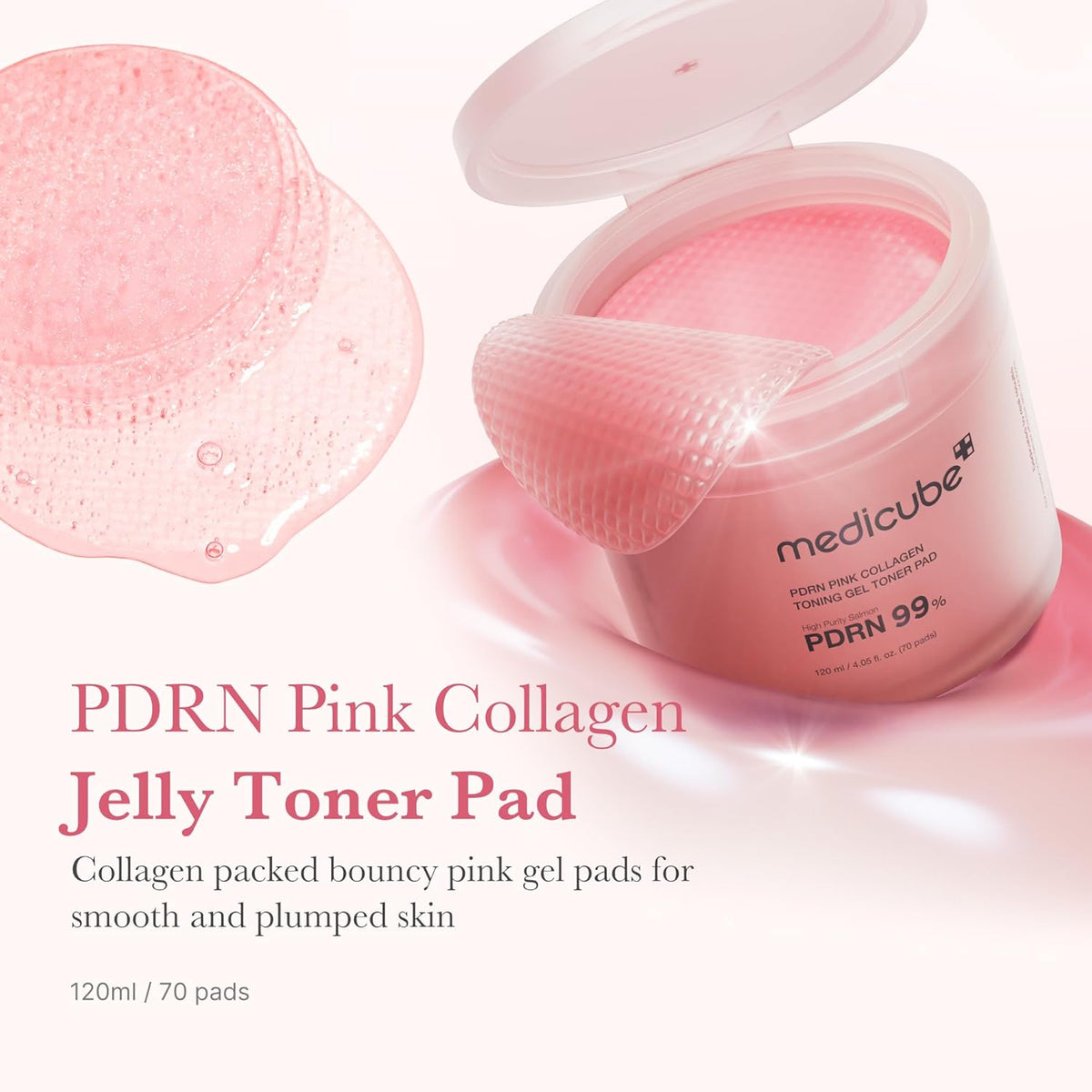 PDRN Pink Collagen Jelly Toner Pad jar open with a bouncy pink gel pad: collagen-packed pads for smooth, plumped skin, 120 ml, 70 pads