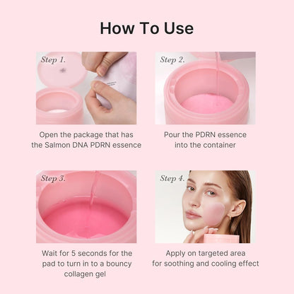 How to use in four photos: open the essence package, pour the PDRN essence into the jar, wait five seconds for the pads to turn into gel, apply to target areas