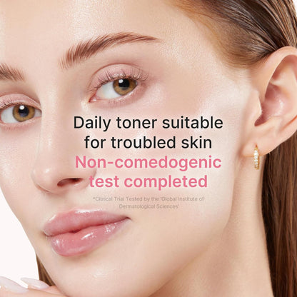 A model's face beside the claim: a daily toner suitable for troubled skin, non-comedogenic test completed