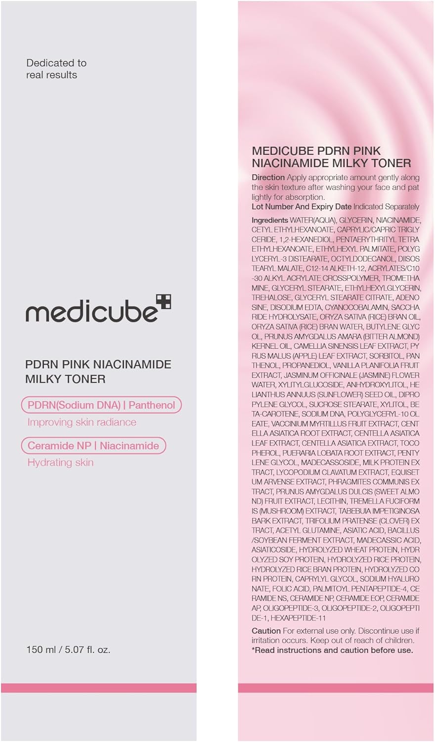 Front and back of the outer carton for the PDRN Pink Niacinamide Milky Toner, 150 ml