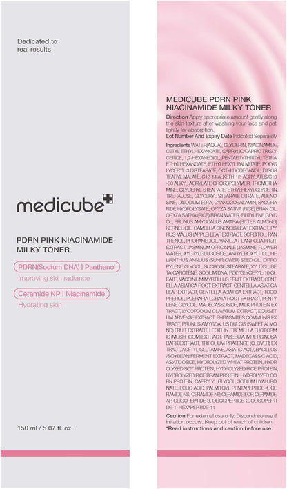 Front and back of the outer carton for the PDRN Pink Niacinamide Milky Toner, 150 ml