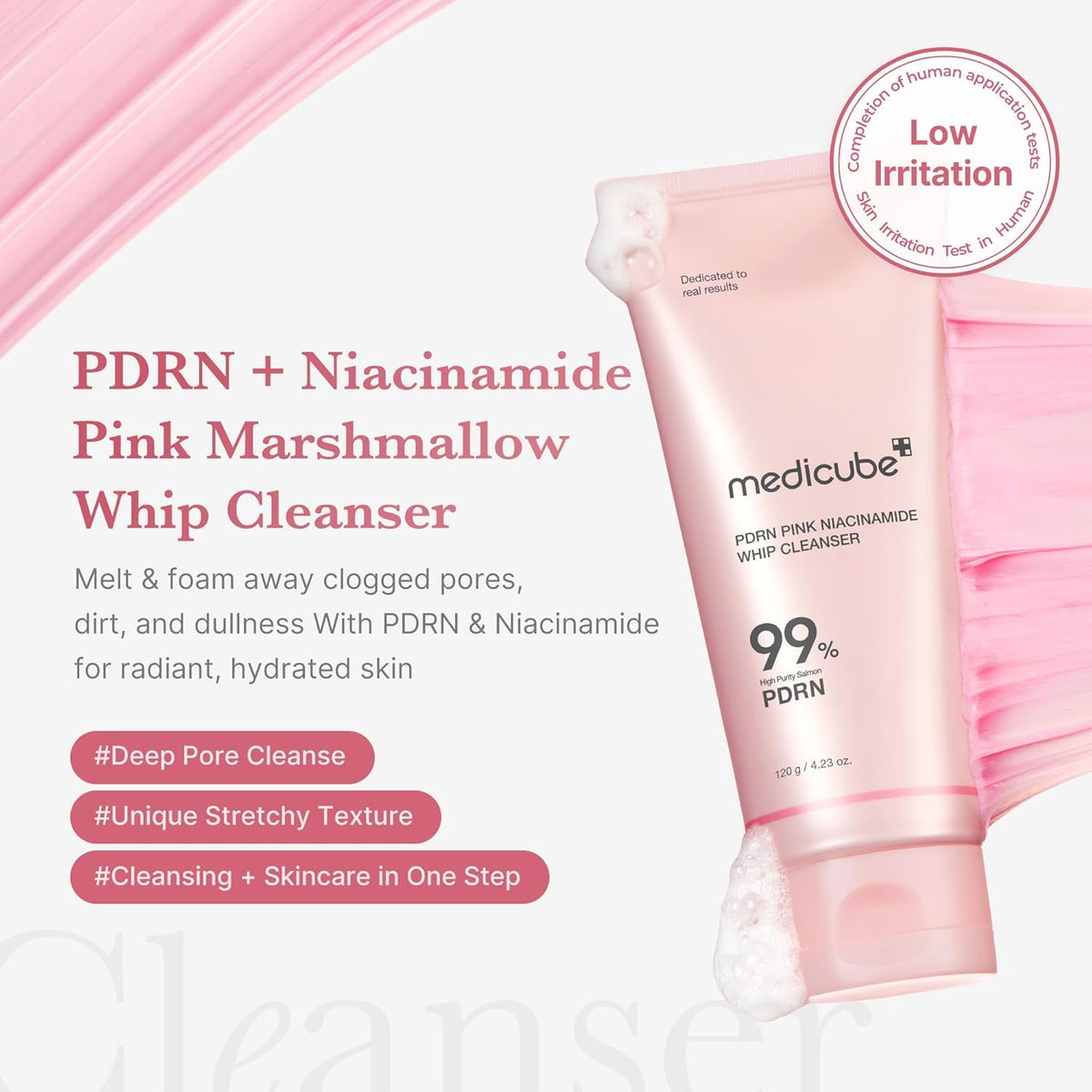 Medicube PDRN Pink Niacinamide Whip Cleanser 120g - cleanser tube beside a product benefits panel, pink background