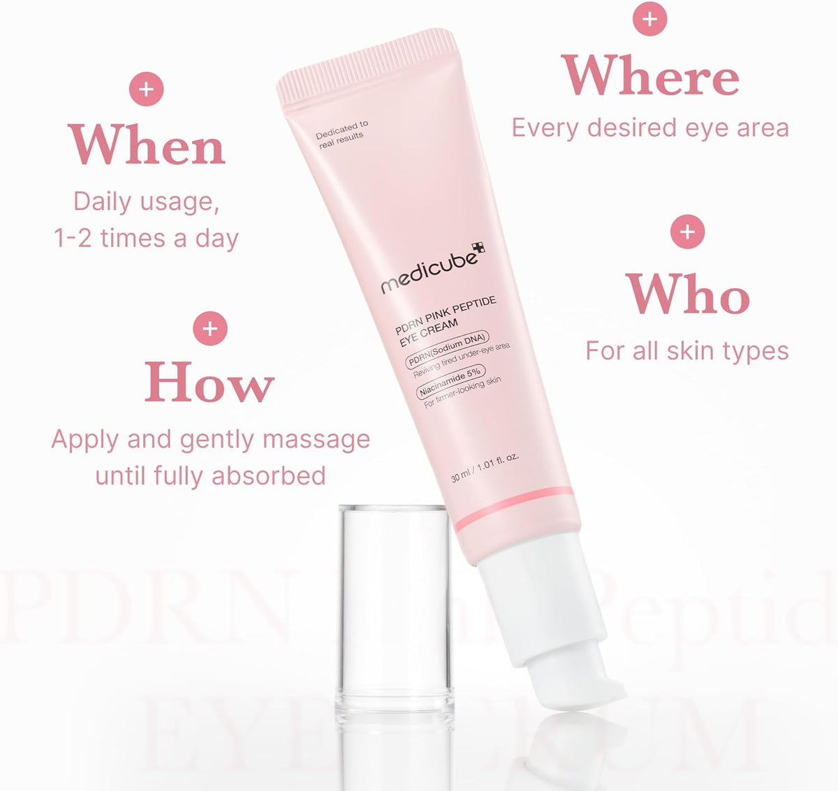 When, how, where and who: daily use one to two times a day, massage until absorbed, on any eye area, for all skin types