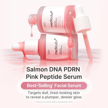 Salmon DNA PDRN Pink Peptide Serum bottles dripping pink serum: a best-selling facial serum for dull, tired-looking skin
