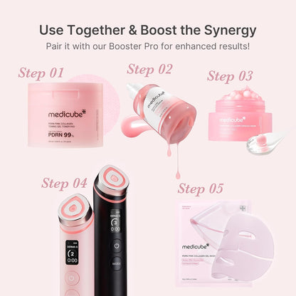 Use together and boost the synergy: five steps with the PDRN pad, serum, cream, the Booster Pro device and the PDRN mask