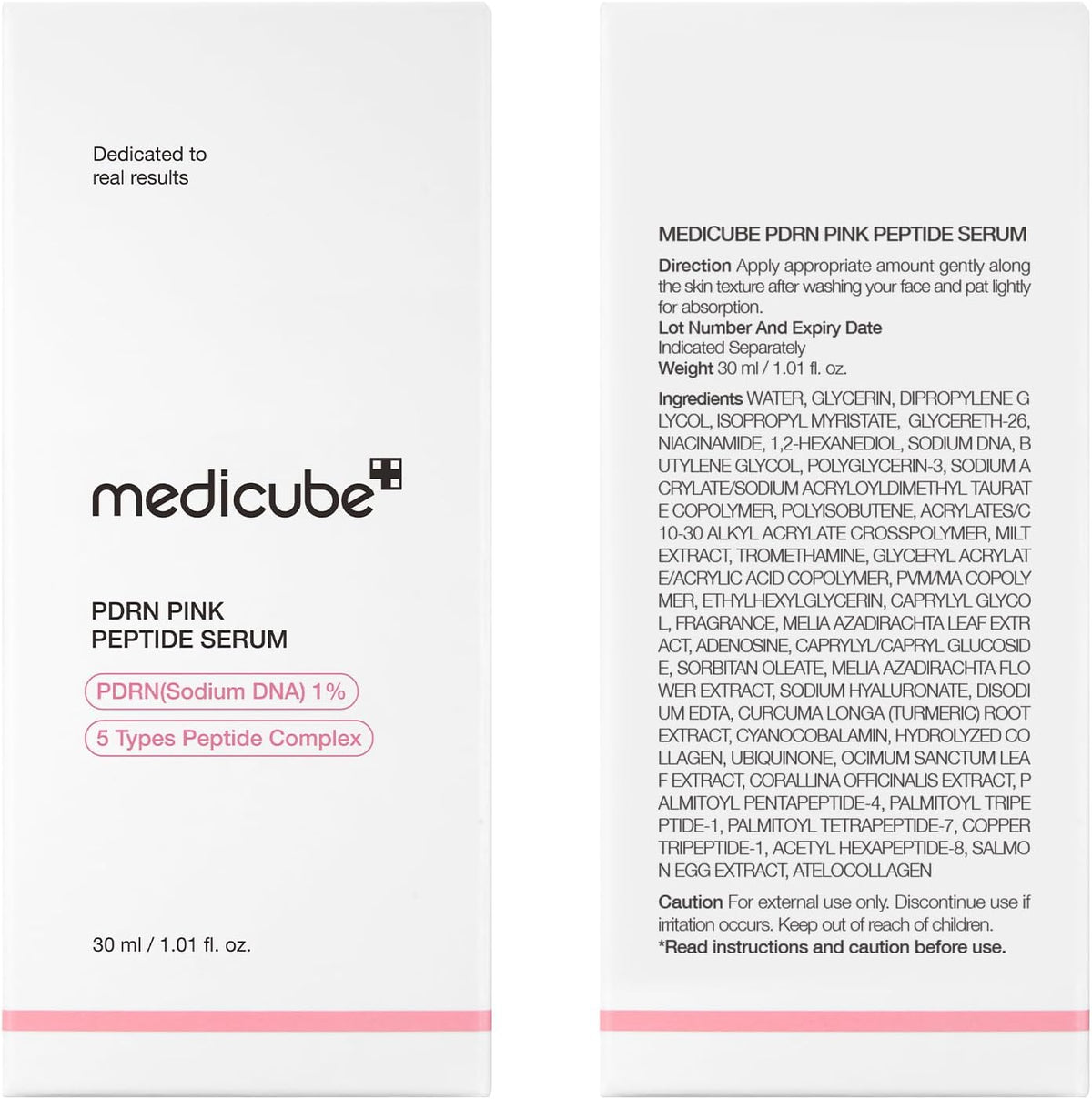 Front and back of the white outer carton for the PDRN Pink Peptide Serum, 30 ml