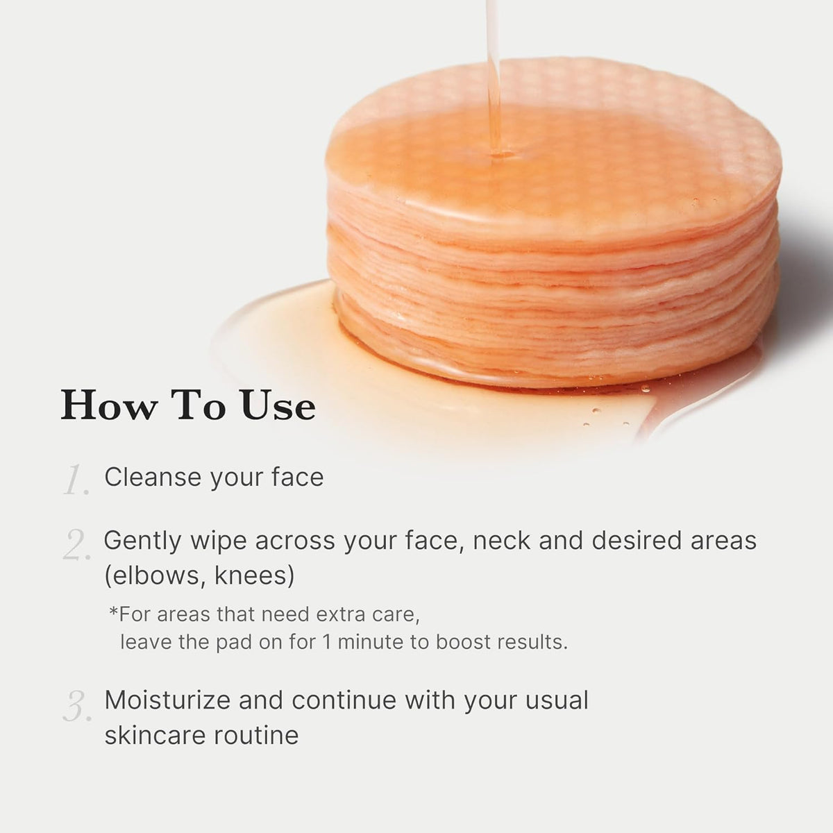 How to use beside a stack of orange pads with essence pouring on: cleanse, wipe across face and neck, then moisturise; leave on one minute for extra care