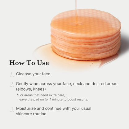 How to use beside a stack of orange pads with essence pouring on: cleanse, wipe across face and neck, then moisturise; leave on one minute for extra care