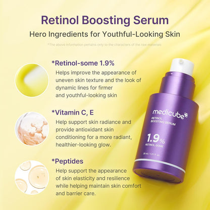Retinol Boosting Serum hero ingredients on yellow: 1.9% retinol-some for texture and lines, vitamin C and E for radiance, peptides for elasticity