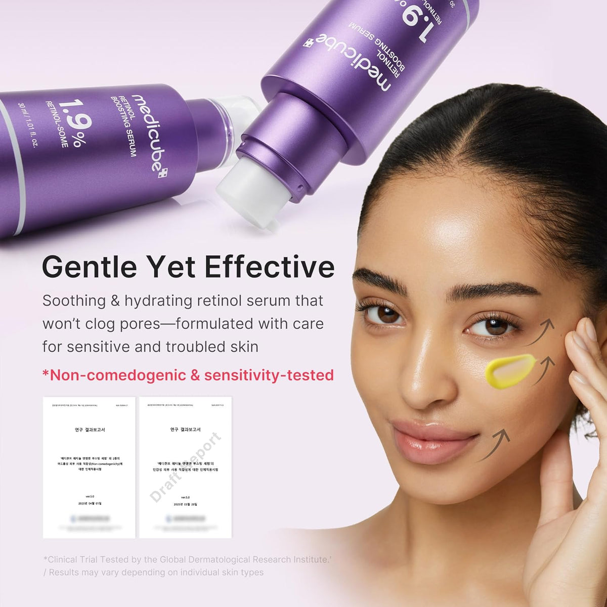 Gentle yet effective beside a model with serum on her cheek: a soothing retinol serum that won't clog pores, non-comedogenic and sensitivity-tested