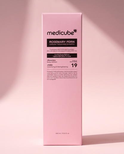 Medicube Rosemary PDRN Thickening Shampoo 400ml - pink carton standing on a pink background