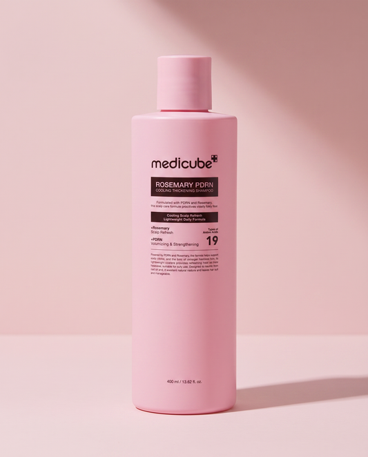 Medicube Rosemary PDRN Thickening Shampoo 400ml - pink pump bottle on a pink background