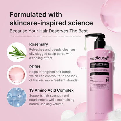 Formulated with skincare-inspired science: rosemary to refresh the scalp, PDRN to strengthen hair bonds, and a 19 amino acid complex