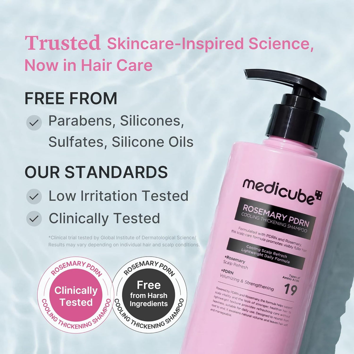 Trusted skincare-inspired science: the bottle in water, free from parabens, silicones and sulfates, low-irritation and clinically tested