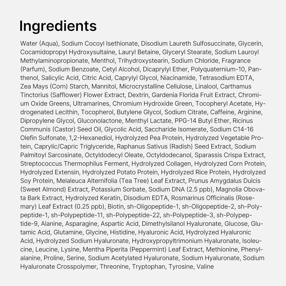 Full ingredients list for the Rosemary PDRN Cooling Thickening Shampoo