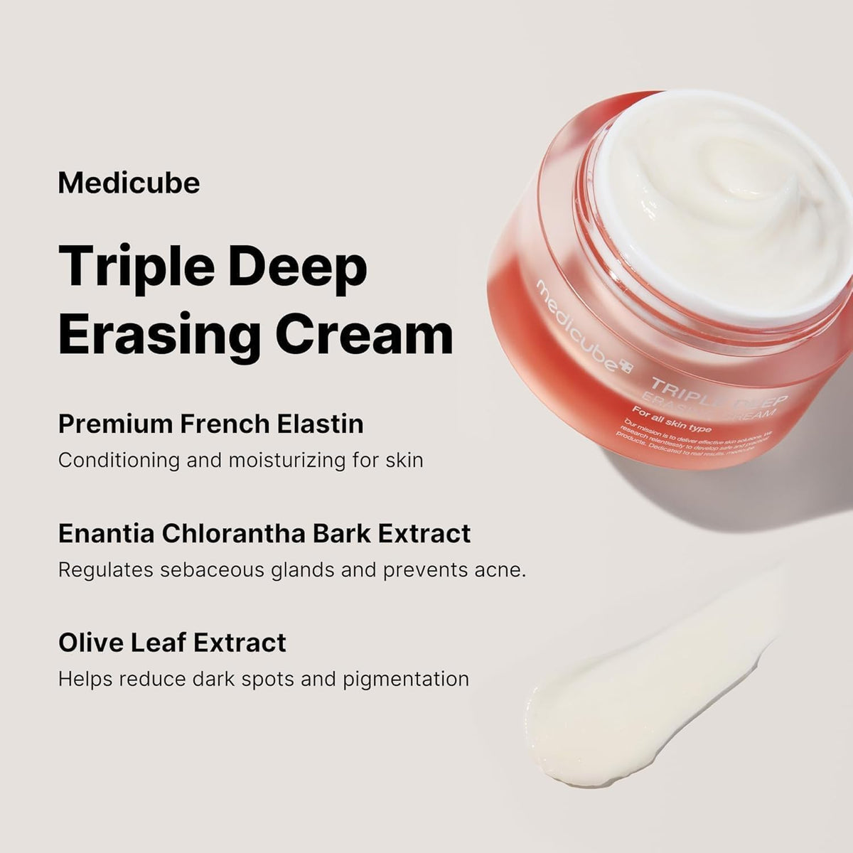 Jar labelled Triple Deep Erasing Cream with key ingredients: premium French elastin, enantia chlorantha bark extract, olive leaf extract