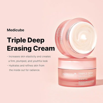 Two stacked jars labelled Triple Deep Erasing Cream, described as increasing elasticity for a firm, plumped look and hydrating from the inside out