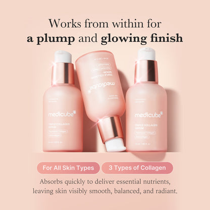 Several Triple Collagen Serum bottles grouped together, noting three types of collagen suitable for all skin types