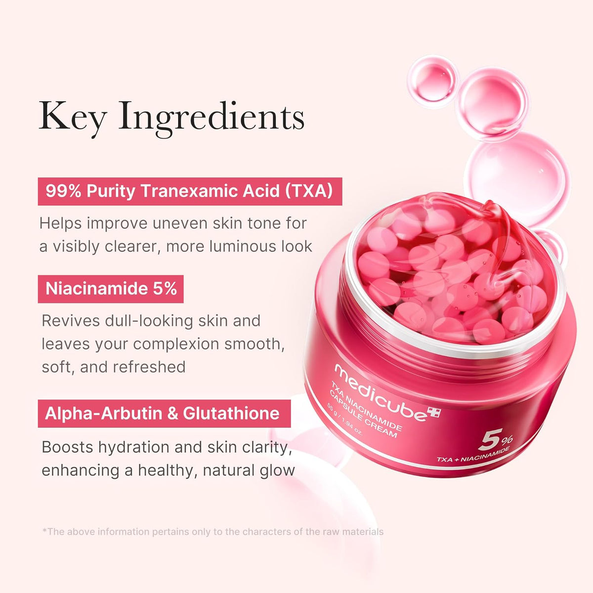 Key ingredients beside the open jar: 99% purity tranexamic acid, 5% niacinamide, alpha-arbutin and glutathione