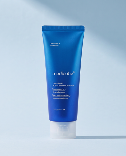 Medicube Zero Pore Blackhead Mud Mask 100g - blue mud mask tube on a pale blue background